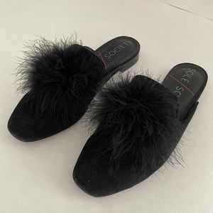 Sole Society black suede mules moccasins with fur detail